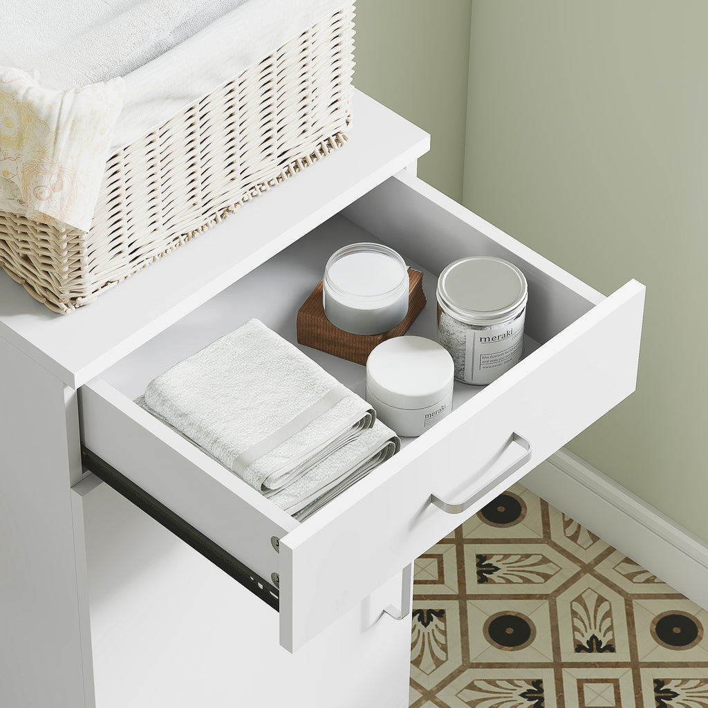 HOMCOM Hoher Badezimmerschrank, schmales Design, Schublade, Regale, Schrank, Spanplatte, Weiß