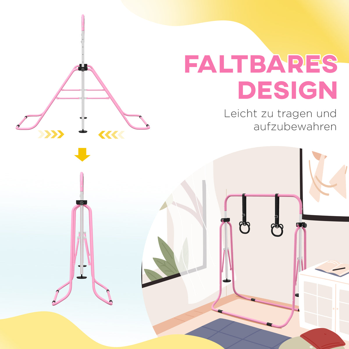 HOMCOM Kinder-Turnbarren mit Ringen, höhenverstellbar, klappbar, rutschfest, Stahlrahmen, 148x105x88-128 cm, Pink