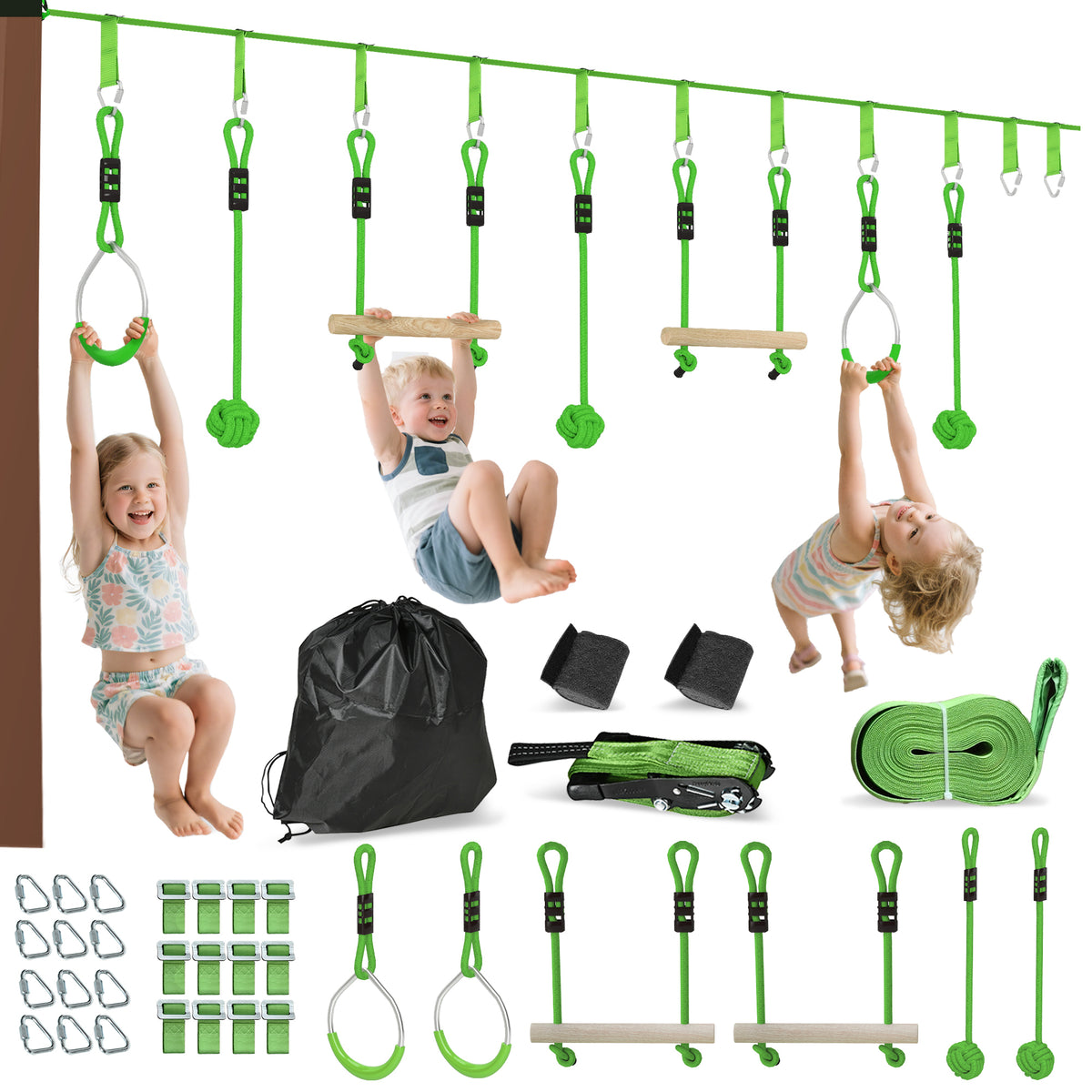 AIYAPLAY 3 Zipline-Kits, Kinder-Seilbahn-Set, bis zu 50 kg belastbar, Grün