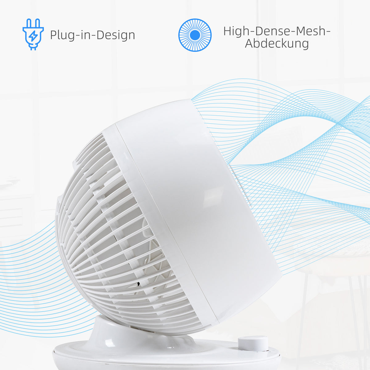 HOMCOM Tischventilator Umluftventilator 90° Kippfunktion 70° Oxidation 90° Schwenkbar Ventilator Lüfter 3 Geschwindigkeitsstufen ABS Kunststoff l Ø27 x 34H cm