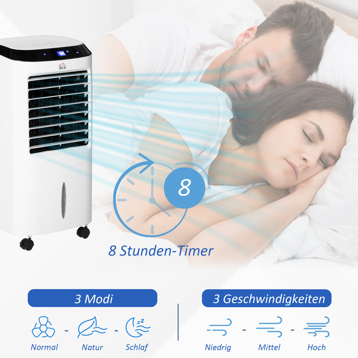 HOMCOM 10L 4 in 1 Mobile Klimaanlage mit Luftbefeuchtung Wasserkühlung Klimagerät Luftkühler 8h Timer Fernbedienung Nutzungsraum 20㎡ 60W ABS Weiß+Schwarz 38,2 x 31,6 x 76 cm