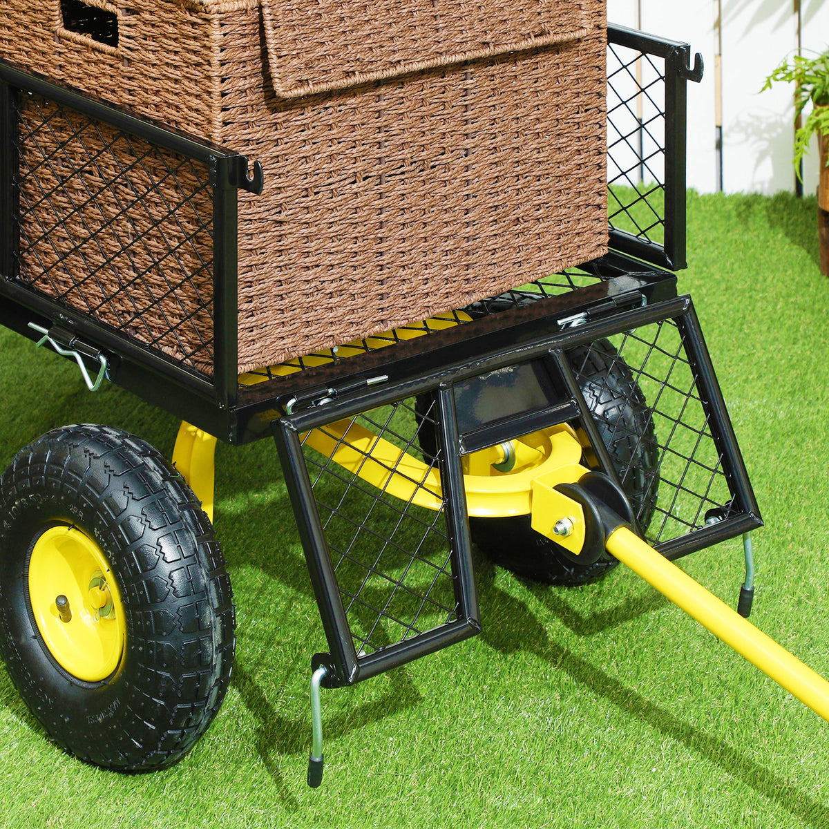 Outsunny Gartenwagen Transportwagen 4 Räder abnehmbare Seiten verwandelbar in Liegefläche 104 x 54 x 51 cm Schwarz und Gelb