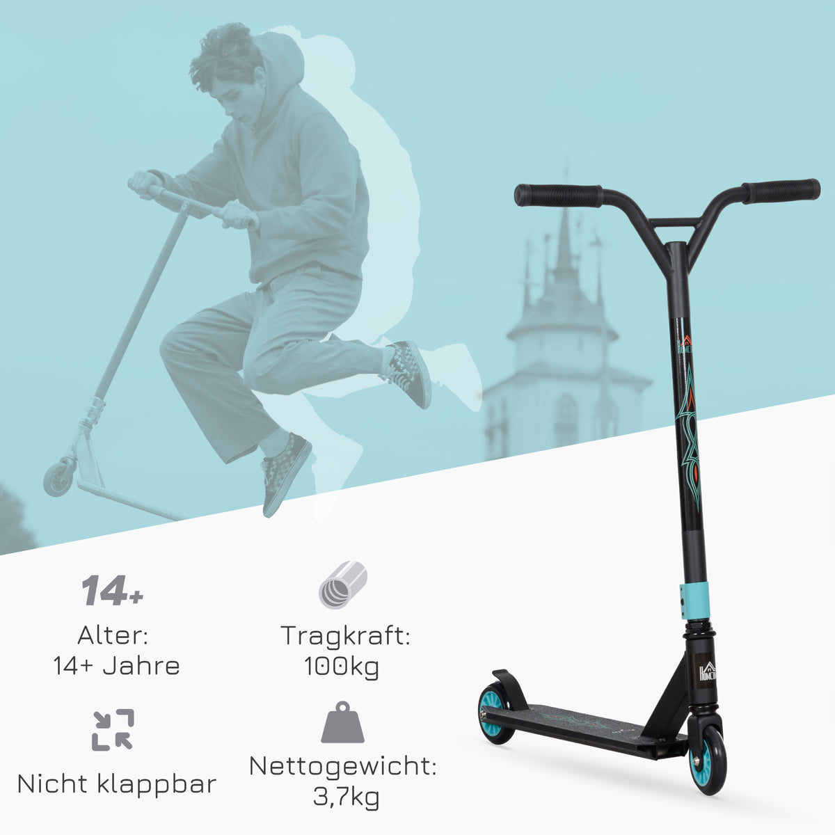 HOMCOM Pro Stunt-Scooter, Tretroller für Freestyle Tricks, Aluminium, Metall, Kunstleder, für Kinder und Erwachsene, Grün