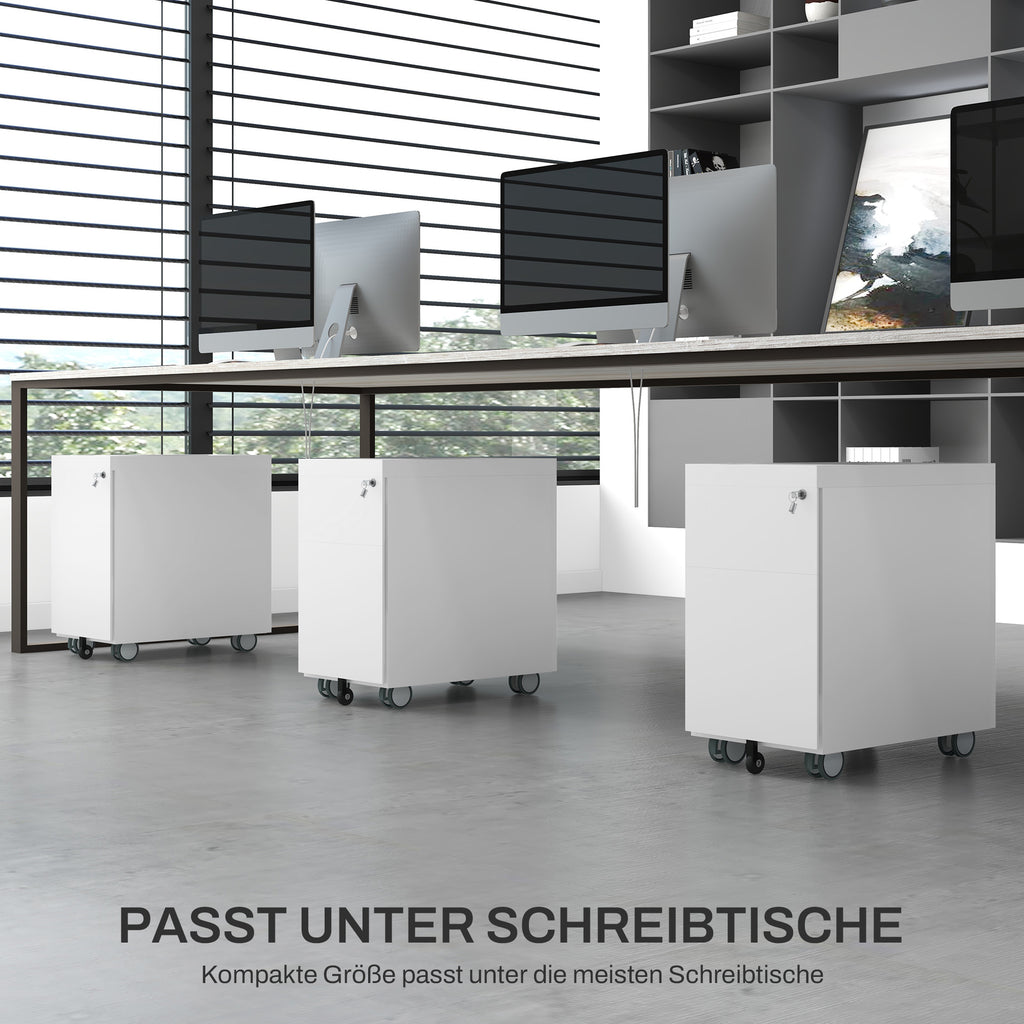 HOMCOM Aktencontainer mit Doppelschloss, Hängeregister, pulverbeschichteter Stahl, 30x50x53,5 cm, Weiß