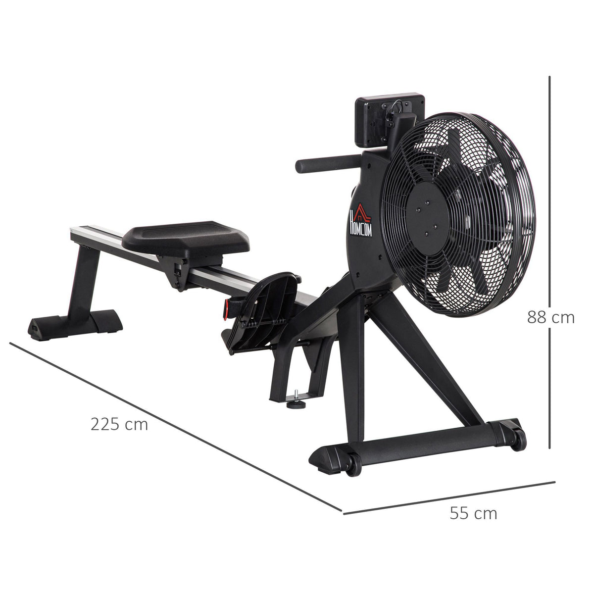 HOMCOM Rudergerät mit 16 Widerstandsstufen einklappbar rollbar 225 x 55 x 88cm Stahl Schwarz