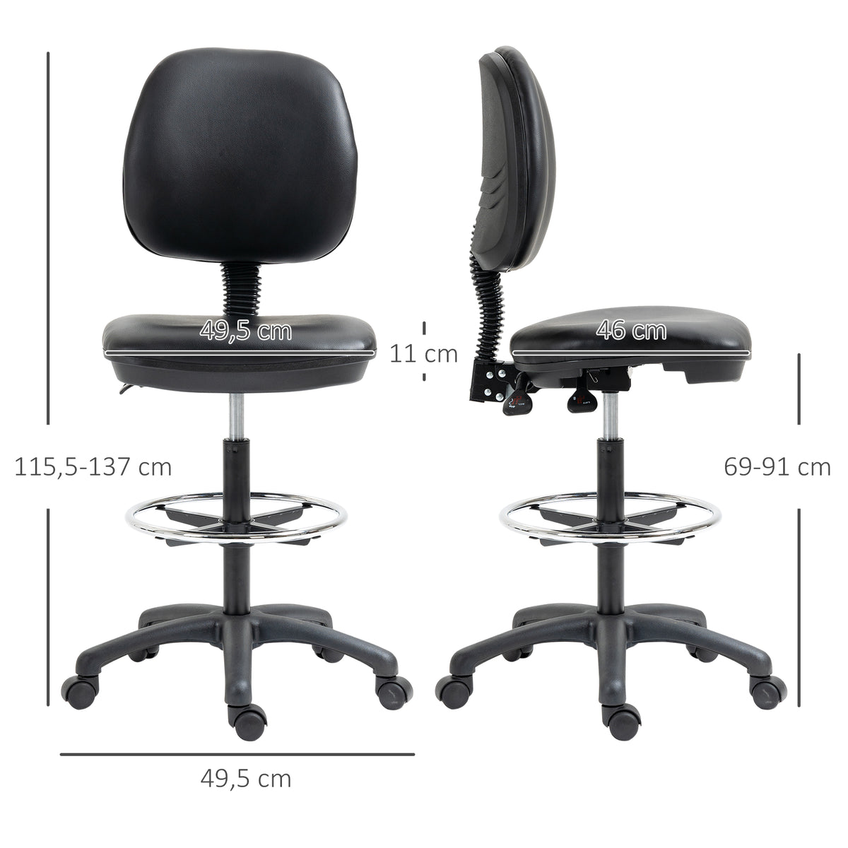 Vinsetto Höhenverstellbarer Rollhocker 69-91 cm mit neigbarer Rückenlehne und höhenverstellbarer Fußstütze