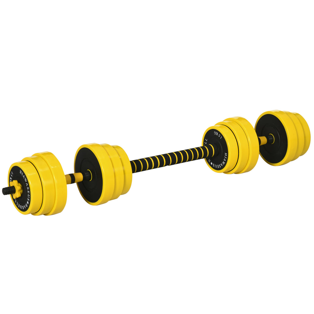 HOMCOM 25 kg Hantel & Langhantel,Einstellbare ergonomische 3-in-1 Hantelset,12 × Platten,2 × Kurze Stöcke,1 × Langer Stock,Gelb+Schwarz