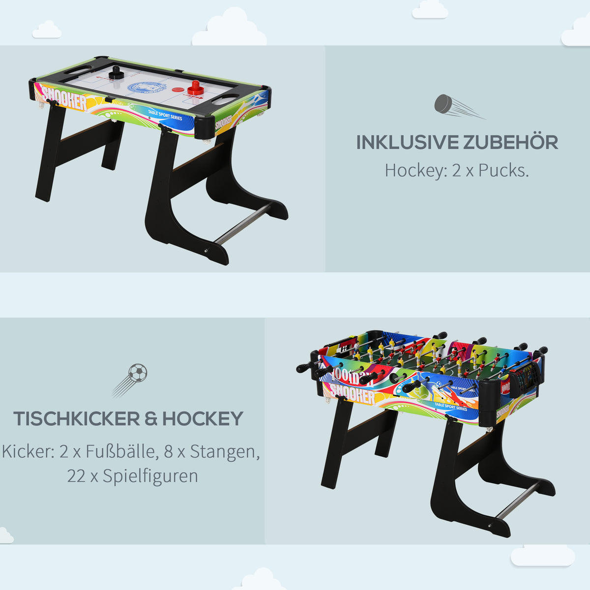 HOMCOM Tischspiel 4 in1 Tischbillard, Tischfußball, Tischtennis, Hockey, Kickertisch, Multigame, Zusammenklappbar, MDF