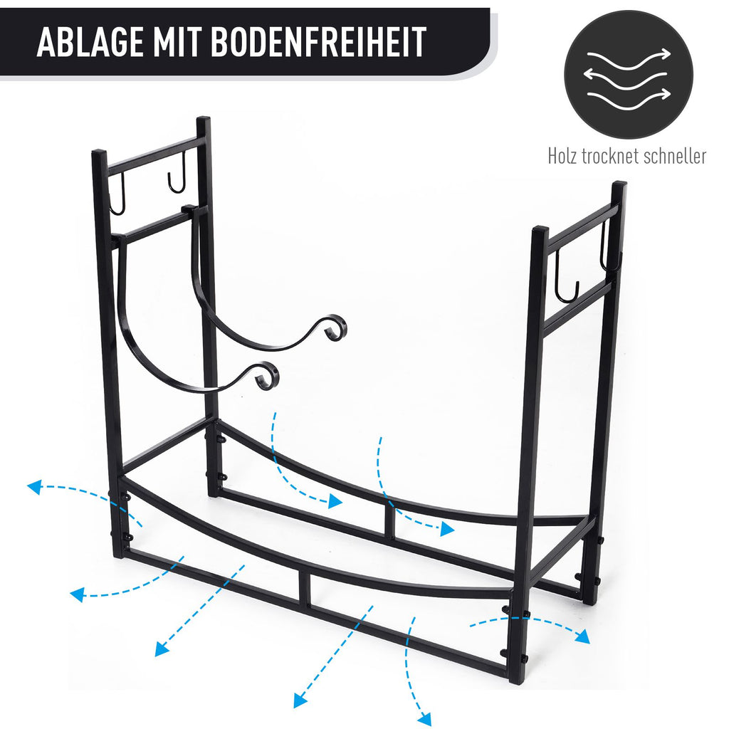 Outsunny Kaminholzregal Holzständer Holzablage mit 4 Haken 2 Schichten Metall Schwarz 84 x 33 x 76 cm