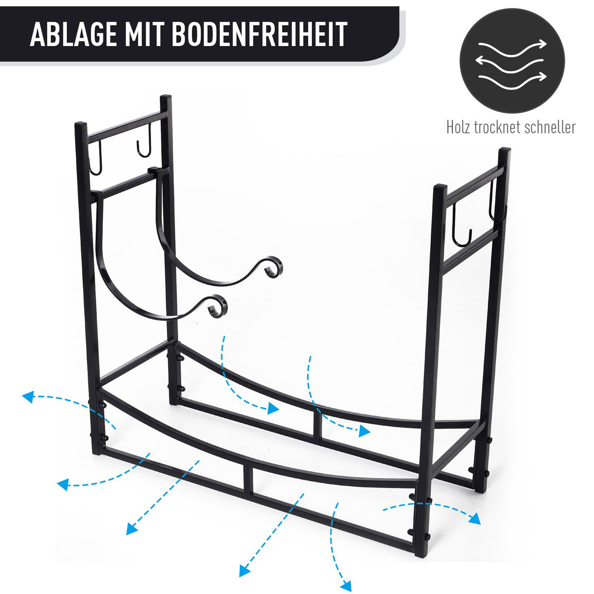 Outsunny Kaminholzregal Holzständer Holzablage mit 4 Haken 2 Schichten Metall Schwarz 84 x 33 x 76 cm