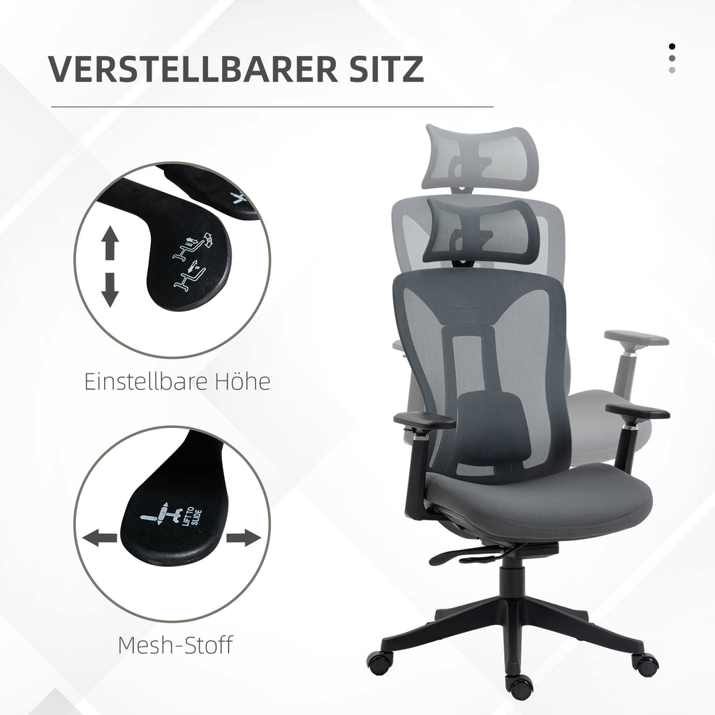 Vinsetto Bürostuhl Computerstuhl 135° Neigungsfunktion, höhenverstellbar, 70 cm x 66 cm x 120-128 cm, Grau
