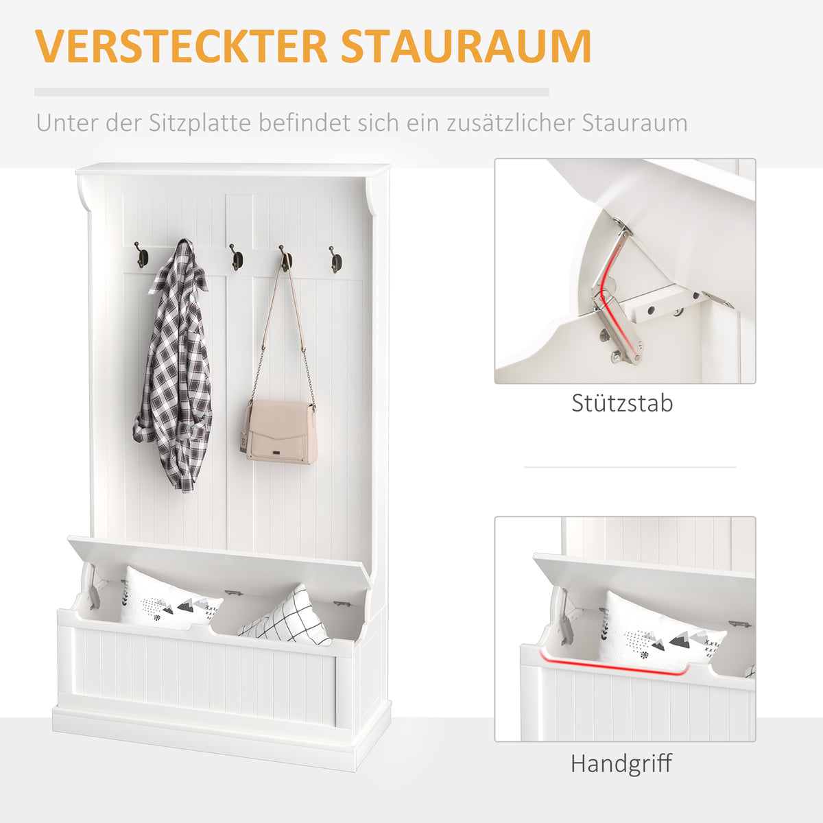 HOMCOM Garderobe mit Sitzbank, 5 Kleiderhaken, 1 Stauraum, Wandgarderobe, Weiß + Schwarz