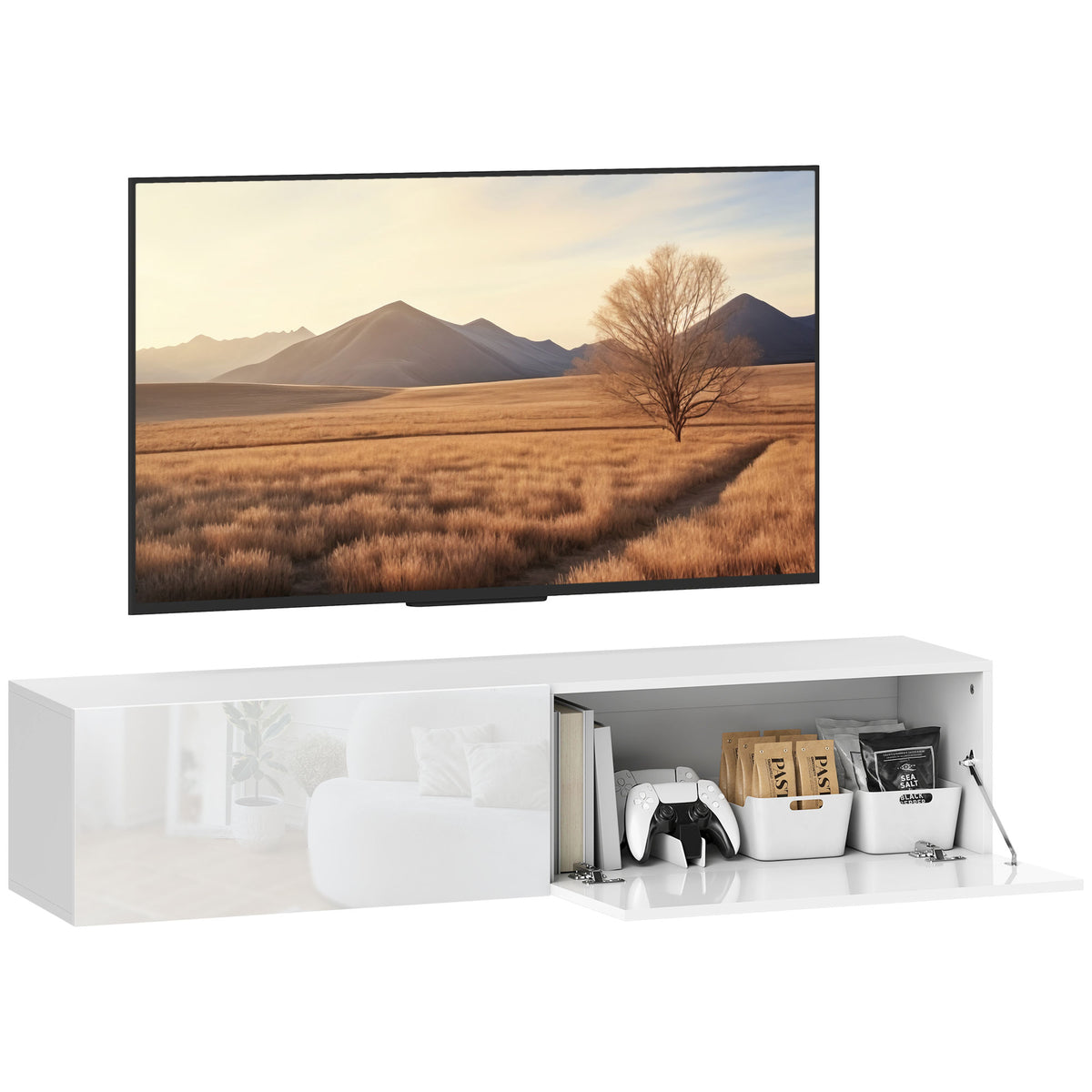 HOMCOM Wandmontierter TV-Schrank, schwebende TV-Kommode mit viel Ablagefläche und Stauraum, Spanplatte, Weiß