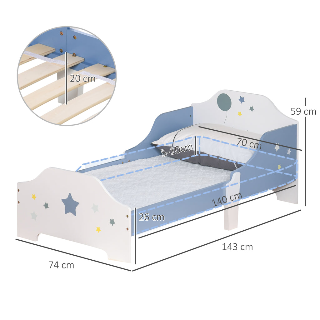 HOMCOM Kinderbett von 3 bis 6 Jahren Sternendesign Lattenrost inklusive modernes Kinderzimmer 143 x 74 x 59 cm blau weiß