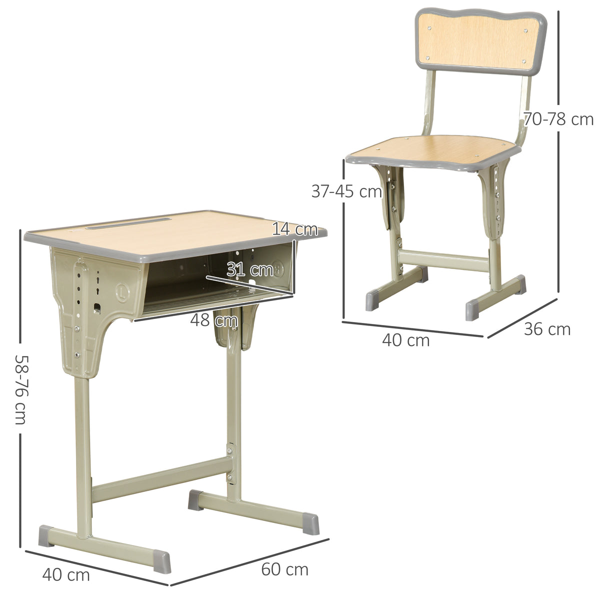 HOMCOM Kinder-Schreibtisch Vintage Schulbank-Stil - Kinder-Schreibtisch und Stuhl verstellbar - Kasten, Taschenhalter, Stiftehalter - Stahl in Khaki MDF-helle Holzoptik