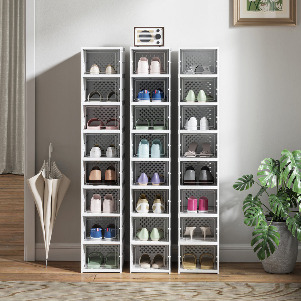 HOMCOM 8-stufiges Schuhregal, Schuhschrank, faltbar, belüftete Rückseite, Kunststoff, Weiß