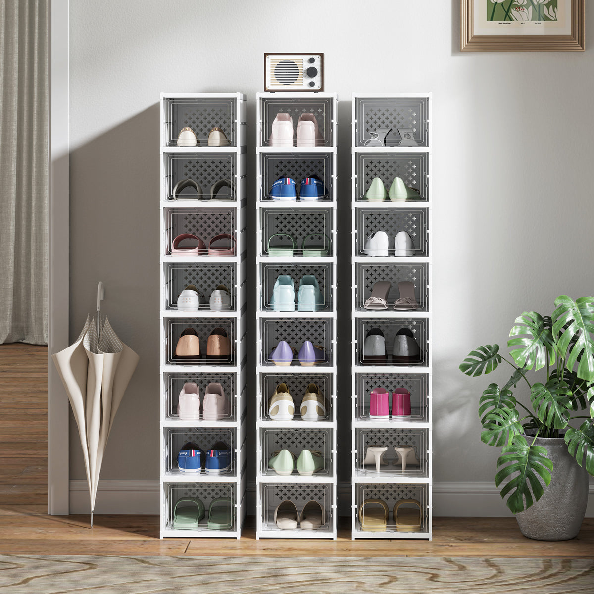 HOMCOM 8-stufiges Schuhregal, Schuhschrank, faltbar, belüftete Rückseite, Kunststoff, Weiß
