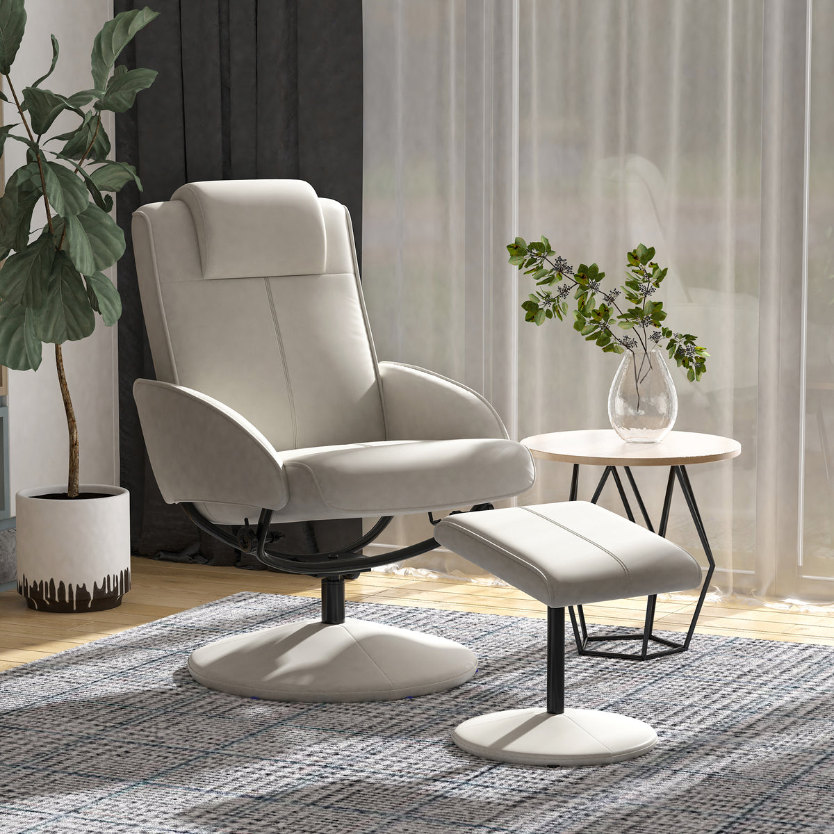 HOMCOM Relaxsessel mit Hocker, 360°drehbarer Fernsehsessel mit Liegefunktion, TV Sessel, Kunstleder, Lesesessel für Wohnzimmer, Schlafzimmer, Grau