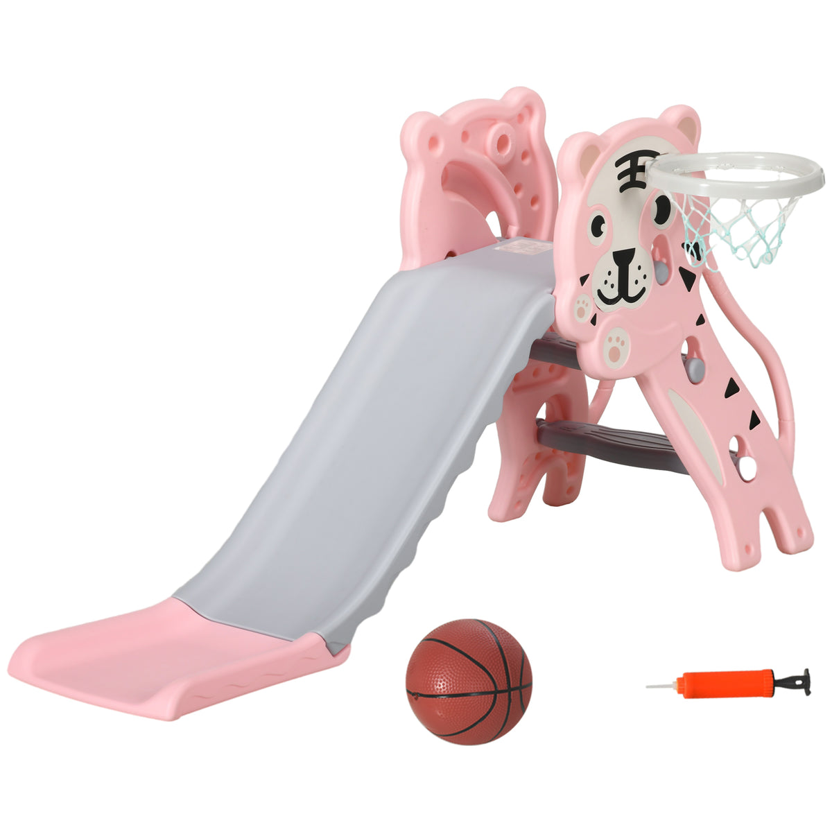 AIYAPLAY Kinder Rutsche 18-36 Monate mit seitlichem Basketballkorb, aus Kunststoff, 133x60x70 cm, Rosa und Grau