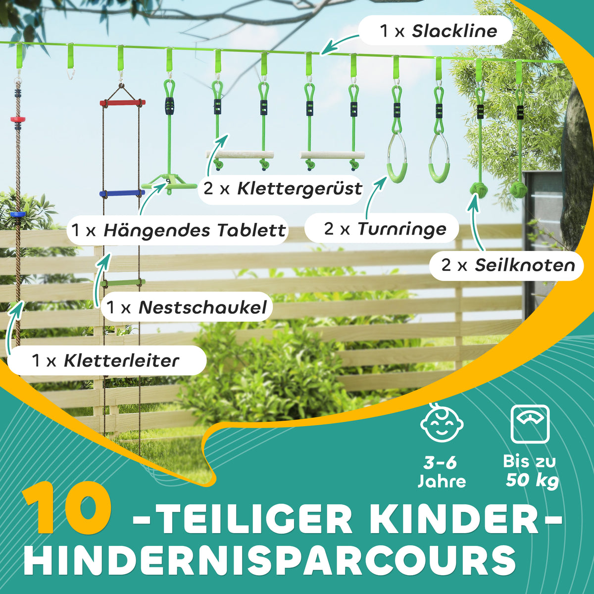 AIYAPLAY Kletterseil-Set, Seil-Kit für Kinder, verschiedene Kletter- und Rutschmöglichkeiten, Tragetasche, Grün