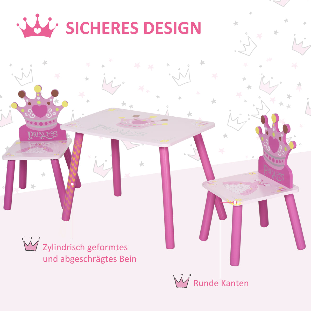 HOMCOM 3-tlg. Kindersitzgruppe mit 1 Kindertisch 2 Stühle Sitzgruppe Kinder Kindermöbel für Kleinkind Mädchen Junge Kiefer+MDF Rosa  55 x 34 x 42 cm