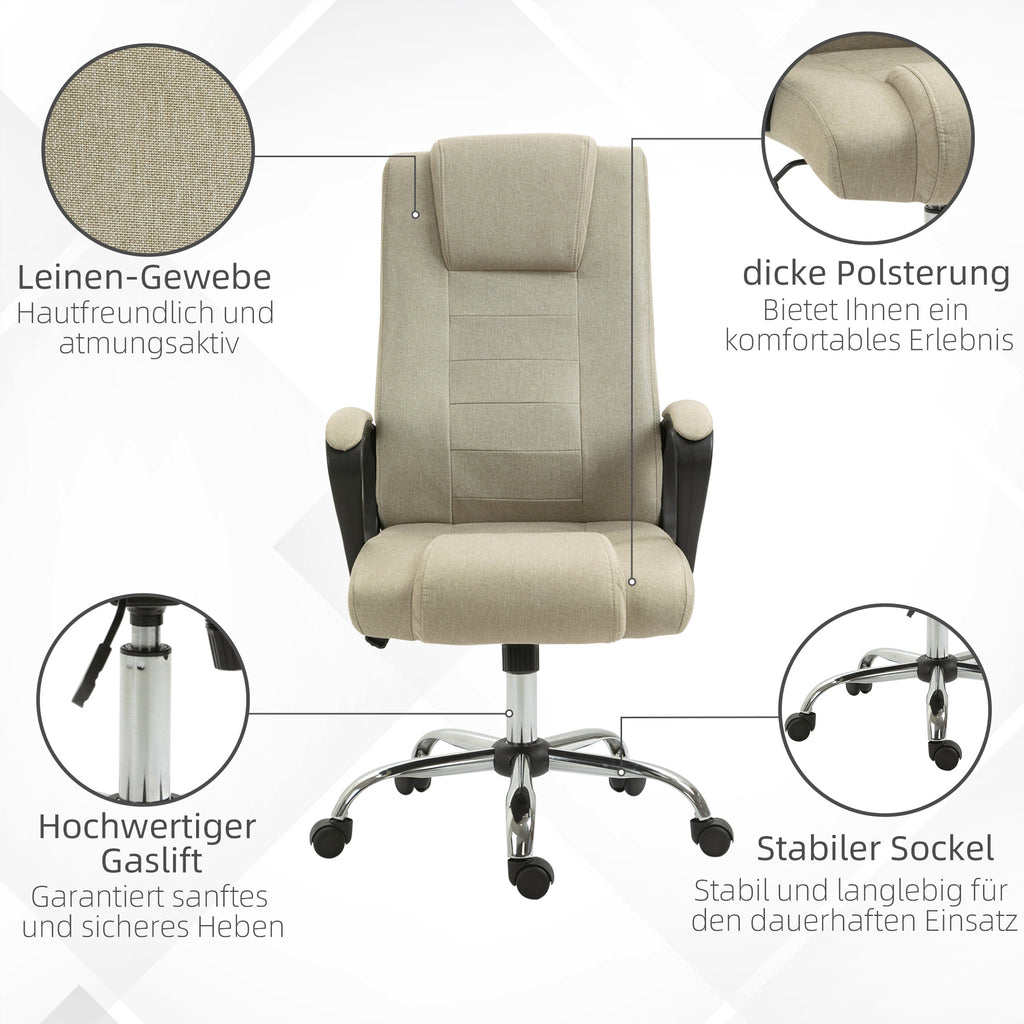 Vinsetto Bürostuhl in Leinenoptik, höhenverstellbar, Wippfunktion, 5 Rollen, Beige