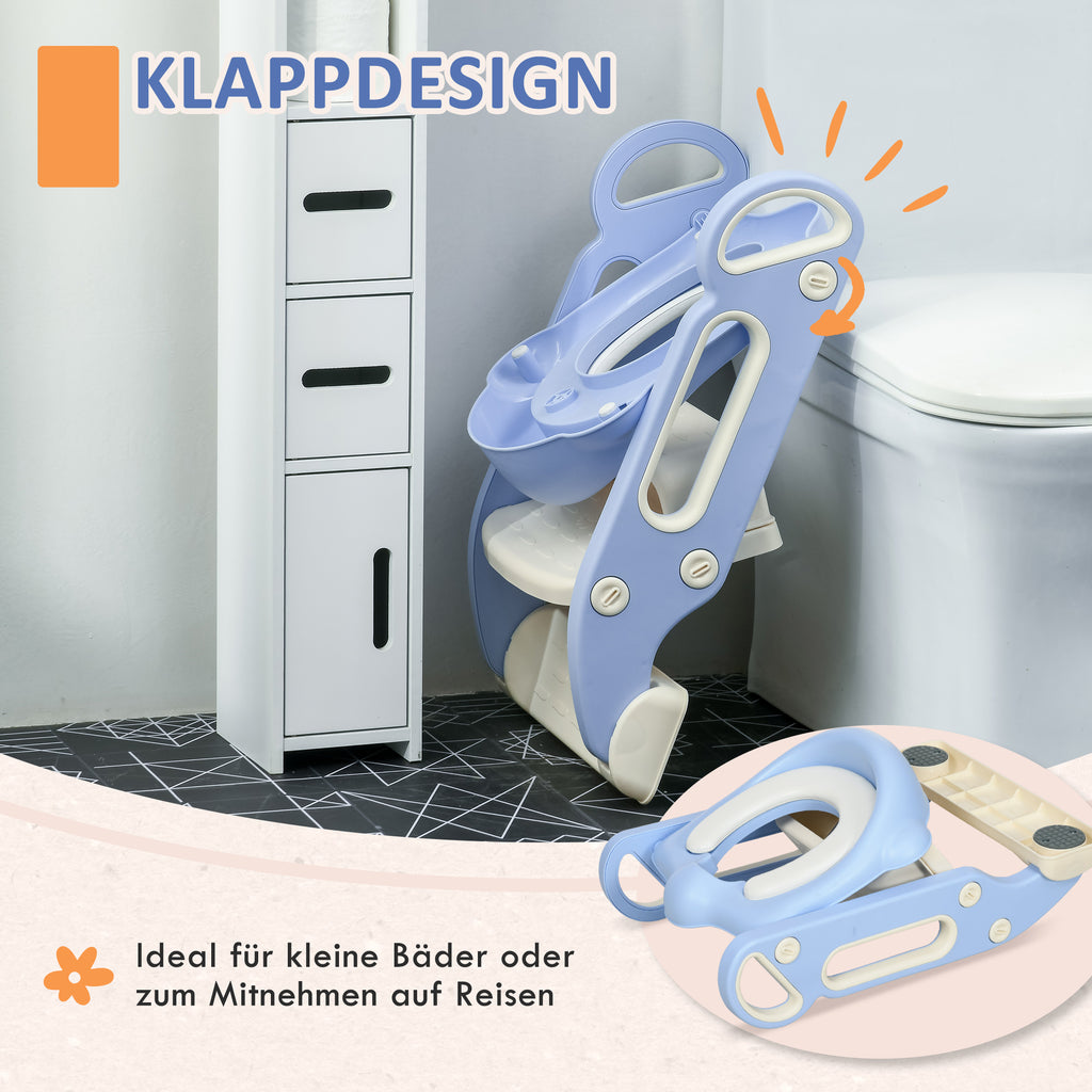 ZONEKIZ Toilettenaufsatz für Kinder, klappbar, mit Leiter, 2 Griffe, rutschfest, Spritzwasserschutz, blau
