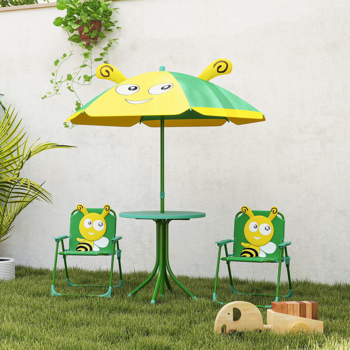 AIYAPLAY Gartenmöbel-Set für Kinder, Stühle, Tisch, Sonnenschirm, Bienen-Design, Grün+Gelb
