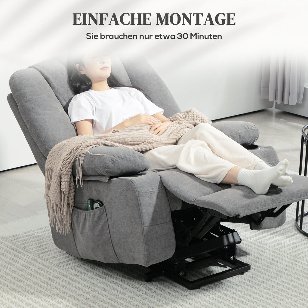 HOMCOM Elektrischer Relaxsessel mit Aufstehhilfe, Massagesessel mit Wärmefunktionen, 2 Fernbedienungen, weicher Schaumstoff
