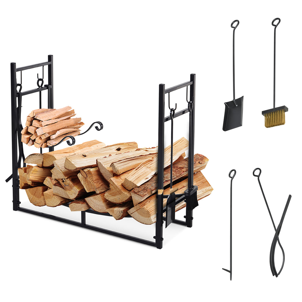 Outsunny Kaminholzregal Holzständer Holzablage mit 4 Haken 2 Schichten Metall Schwarz 84 x 33 x 76 cm