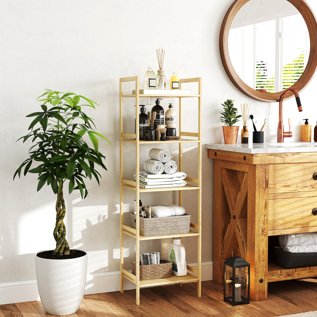HOMCOM Bambus-Badezimmerregal mit 5 Ebenen, Aufbewahrungsregal mit verstellbaren Regalböden, 43,5 x 31,5 x 142 cm, Naturholz