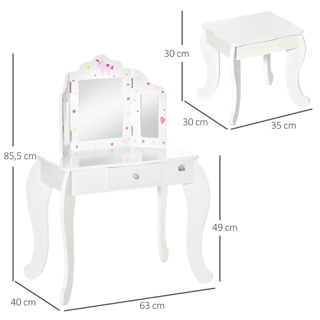 HOMCOM Kinderschminktisch mit Hocker Frisiertisch Frisierkommode mit Schublade Spiegel für Mädchen Akryl Rosa+Weiß 63 x 40 x 85,5 cm
