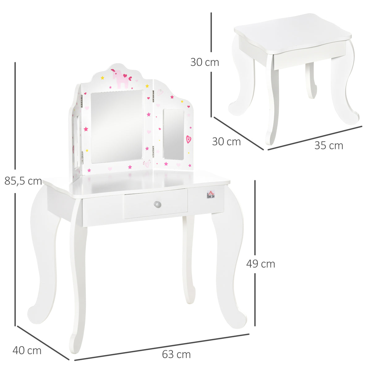 HOMCOM Kinderschminktisch mit Hocker Frisiertisch Frisierkommode mit Schublade Spiegel für Mädchen Akryl Rosa+Weiß 63 x 40 x 85,5 cm