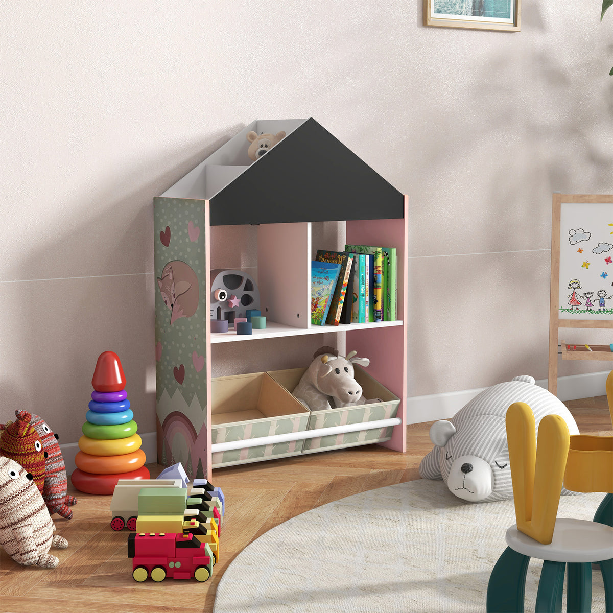 ZONEKIZ Spielzeugregal für Kinder mit Regalen und herausnehmbaren Schubladen, Rosa