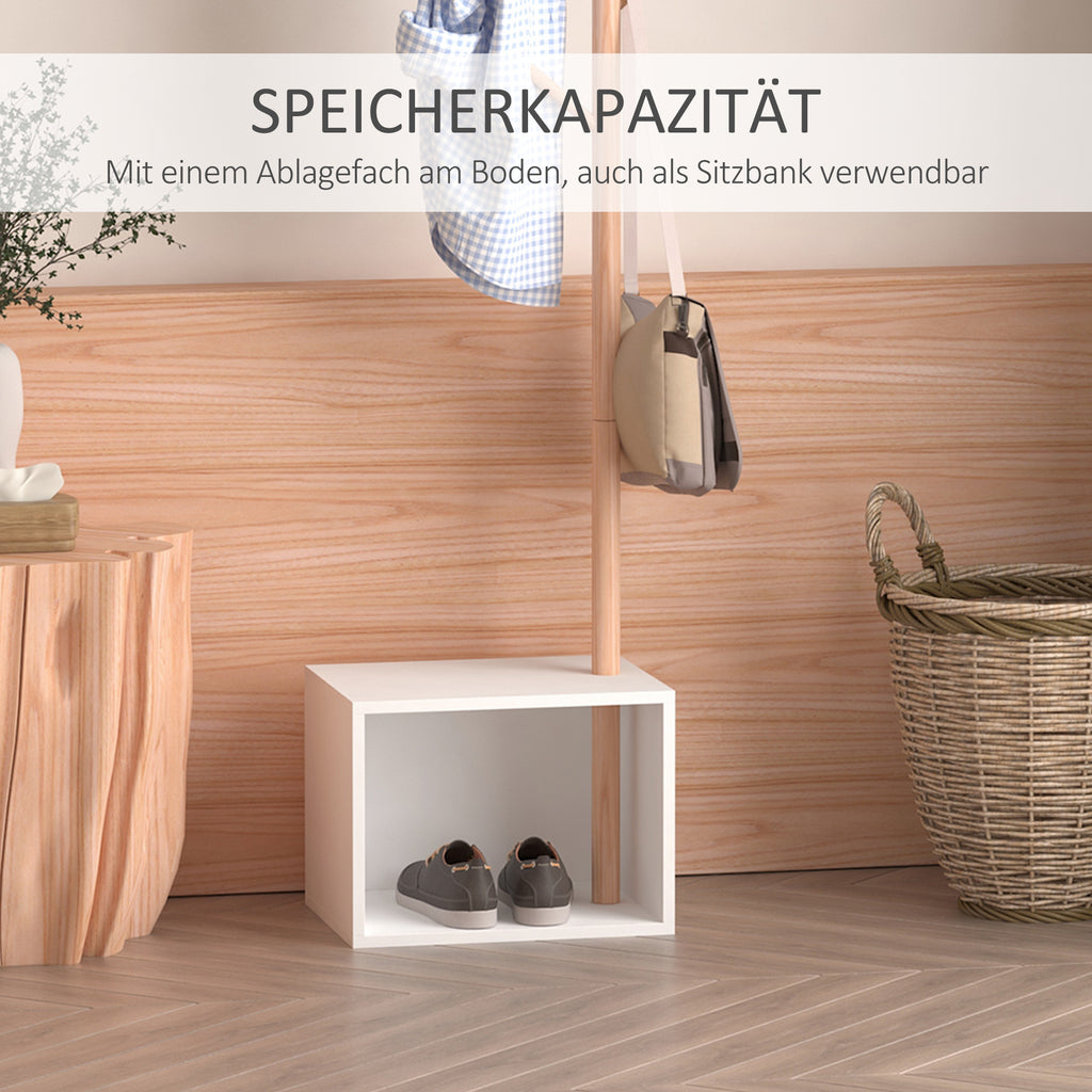 HOMCOM Garderobenständer Kleiderhaken Garderobe mit Sitzbank Stauraum Baum-Design Zweige 6 Haken Bambus Weiß Natur 40 x 30 x 180 cm