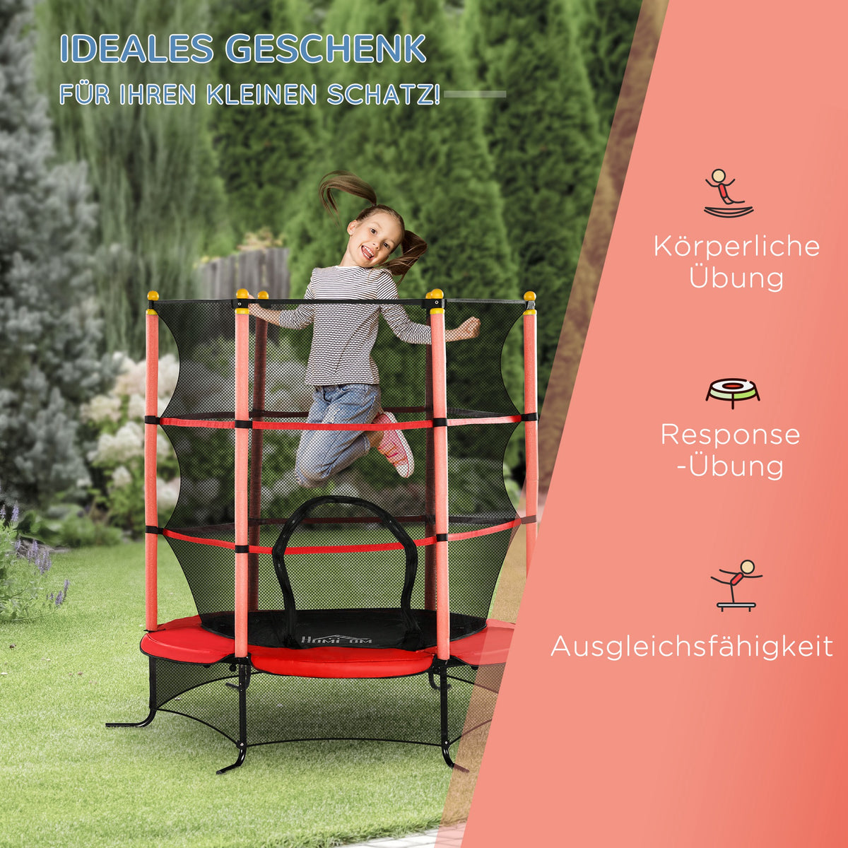 HOMCOM Kindertrampolin mit Sicherheitsnetz, Randpolsterung, wetterfest, Metallrahmen, bis 50 kg, Ø163cm x 163 cm, Rot