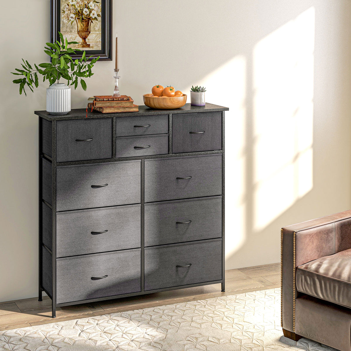 HOMCOM Kommode, Sideboard mit Stoffschubladen, 10 Fächer, Metallrahmen, 100x30x100cm, Schwarz