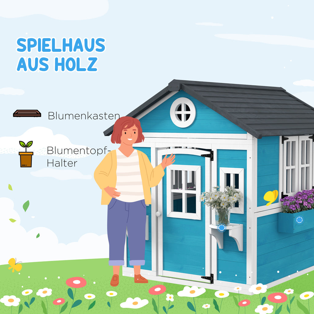 Outsunny Kinderspielhaus, Holz-Spielhaus für Kinder, Outdoor-Gartenspielhaus mit Fenstern, Blumentöpfe, 3-8 Jahre, Blau
