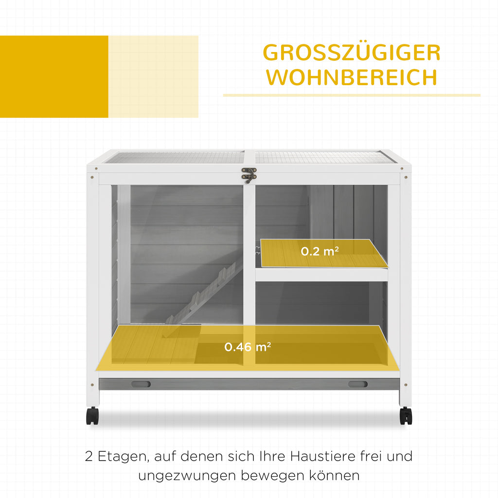 PawHut Kleintierstall mit 2 Ebenen 4 Rollen versiegeltes Tannenholz Grau