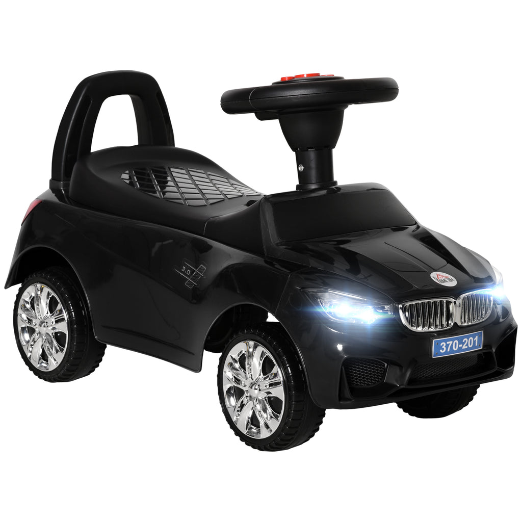 HOMCOM Kinderreitauto mit Lenkrad, Scheinwerfern und integrierter Musik, aus PP und Metall, 63,5x28x36 cm, Schwarz