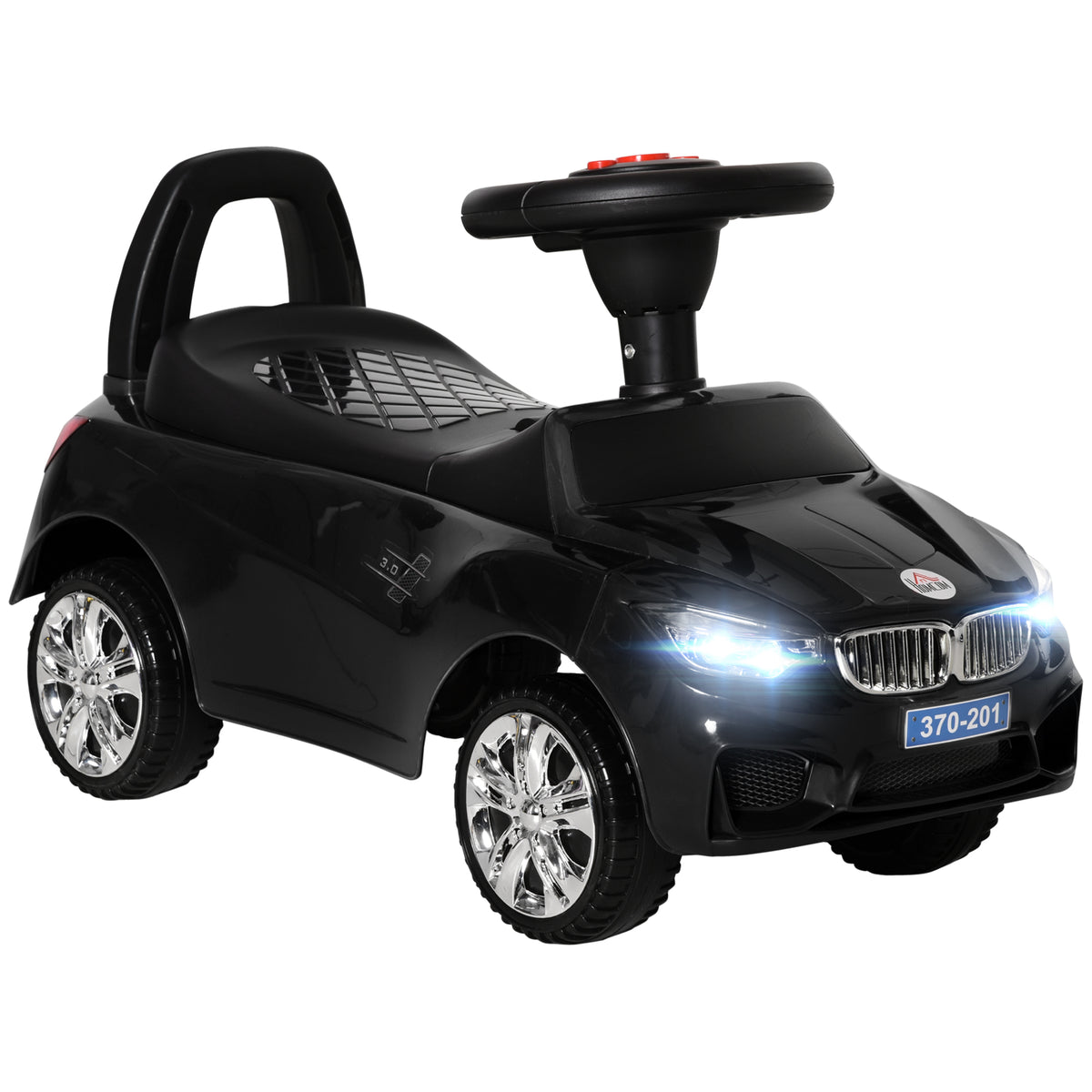 HOMCOM Kinderreitauto mit Lenkrad, Scheinwerfern und integrierter Musik, aus PP und Metall, 63,5x28x36 cm, Schwarz