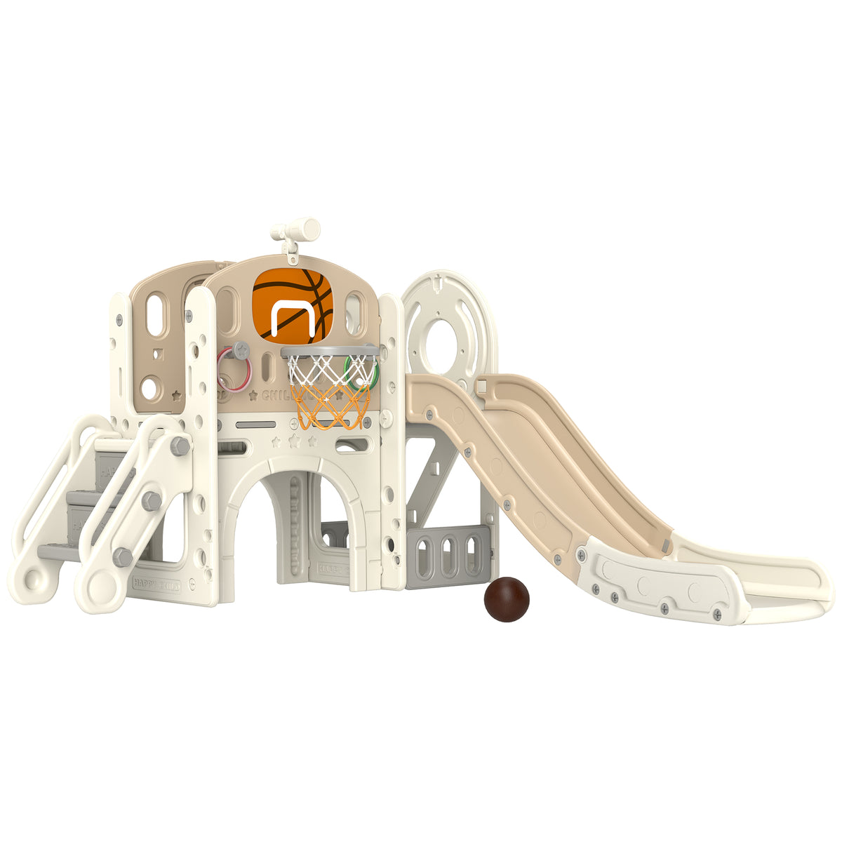 AIYAPLAY Kinder-Spielgerüst, 7-in-1 Rutsche, Indoor Spielplatz mit Stauraum und Krabbeltunnel, 186x153x111 cm, Cremeweiß