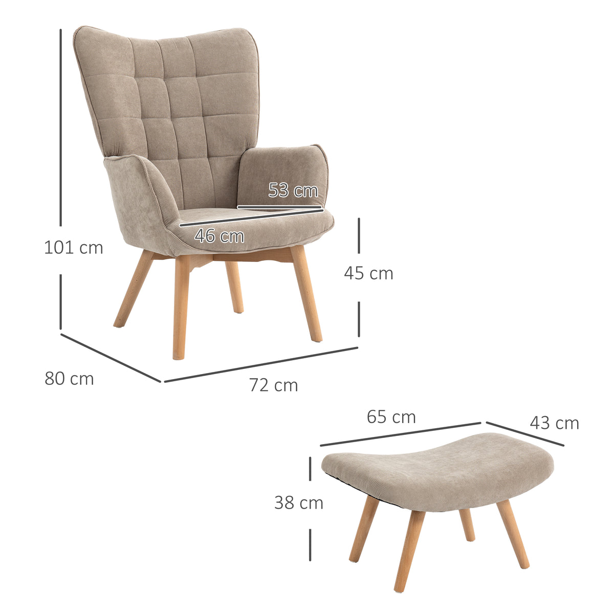 HOMCOM Akzentsessel mit Hocker, Relaxsessel in Cord-Optik, Armlehnstuhl mit Holzbeinen, für Wohnzimmer, Hellbraun