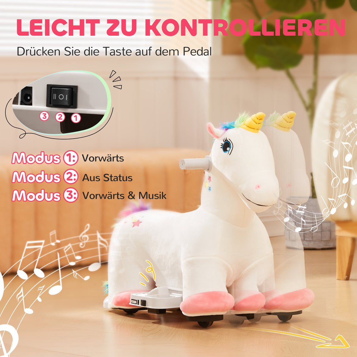 AIYAPLAY 6V Elektrisches Reiteinhorn für Kinder, Batteriebetrieb, Mit Musikfunktion und Vorwärtsbewegung, 18-36 Monate, Weiß
