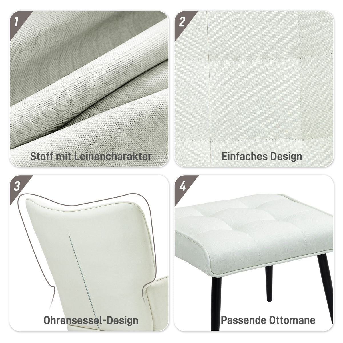 HOMCOM Schaukelstuhl mit Hocker, sanftes Schaukelsystem, Leinenimitat, 64 x 89 x 90 cm, Cremeweiß