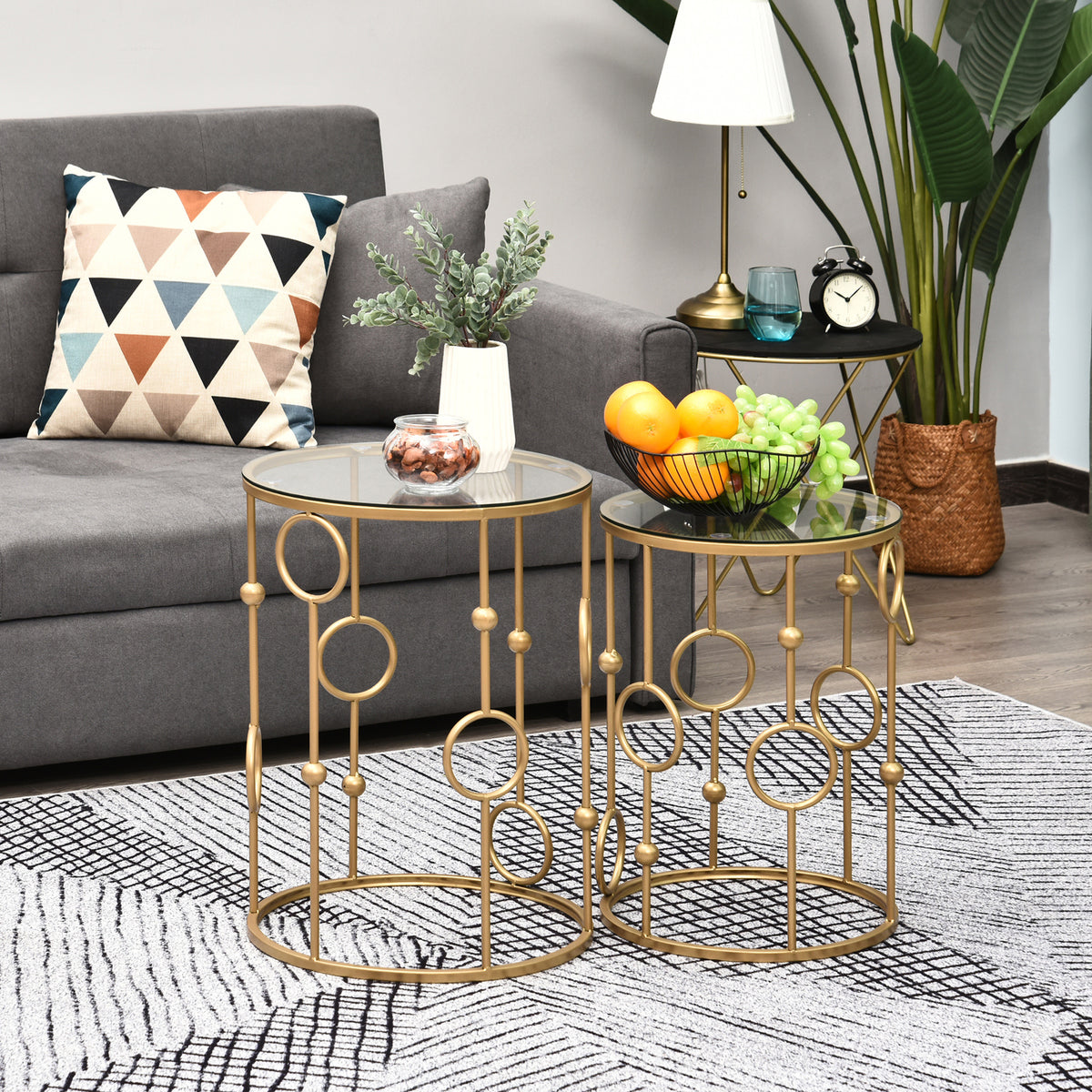 HOMCOM 2er-Set Couchtisch, Beistelltisch mit Glasplatte, Wohnzimmertisch mit Reifen- und Kugeldesign Ø41 x 57 cm, Gold