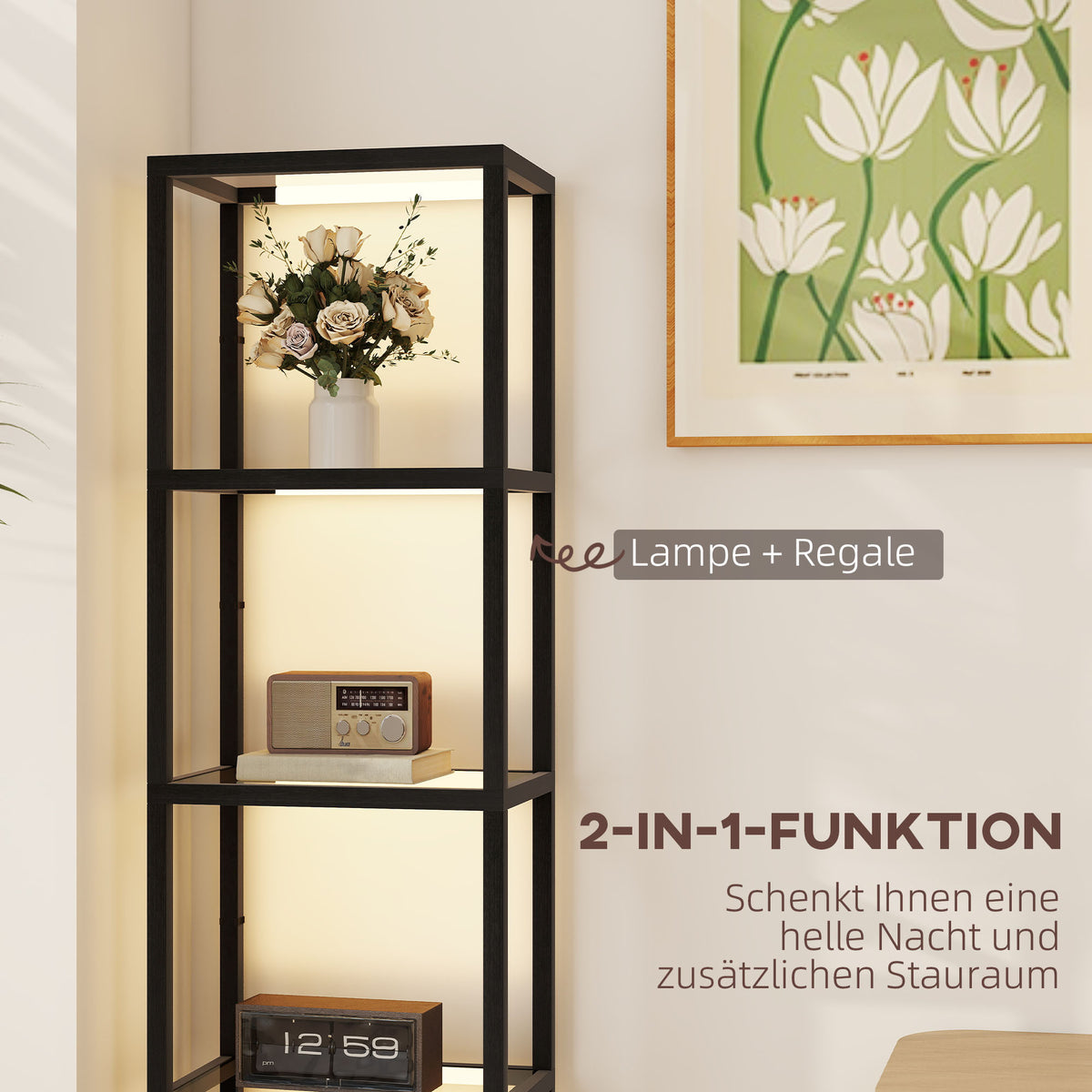 HOMCOM LED-Stehlampe mit 4-stufigem Regal, Leuchtregal mit 4 Glasfächern, Fußschalter, MDF, Schwarz