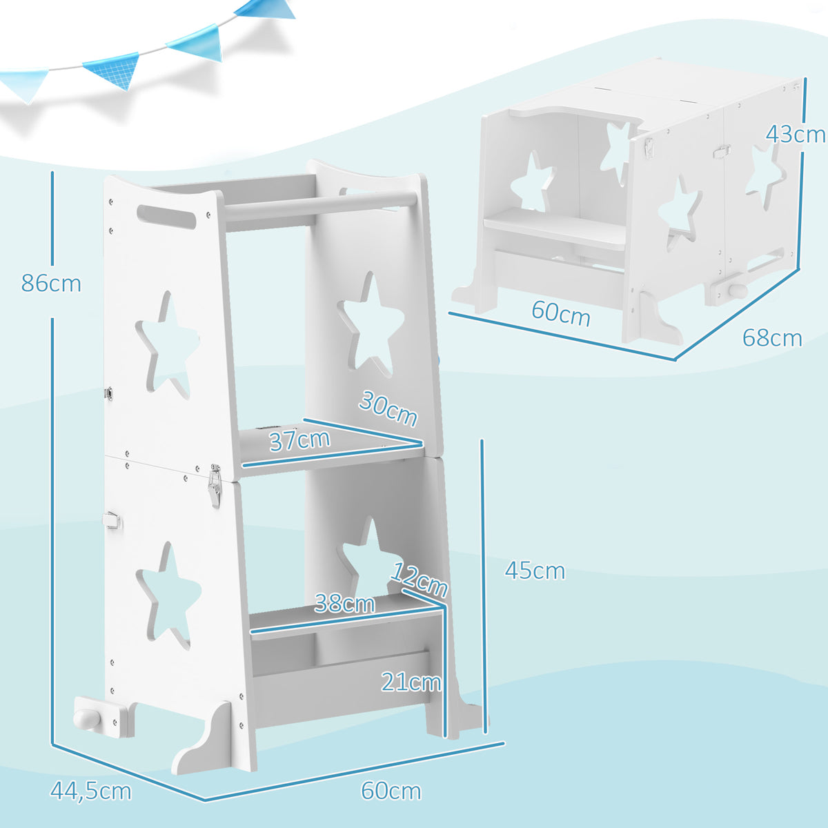 AIYAPLAY Kinder Lernturm Kinderstehtisch trapezförmig 60 x 44,5 x 86 cm weiß