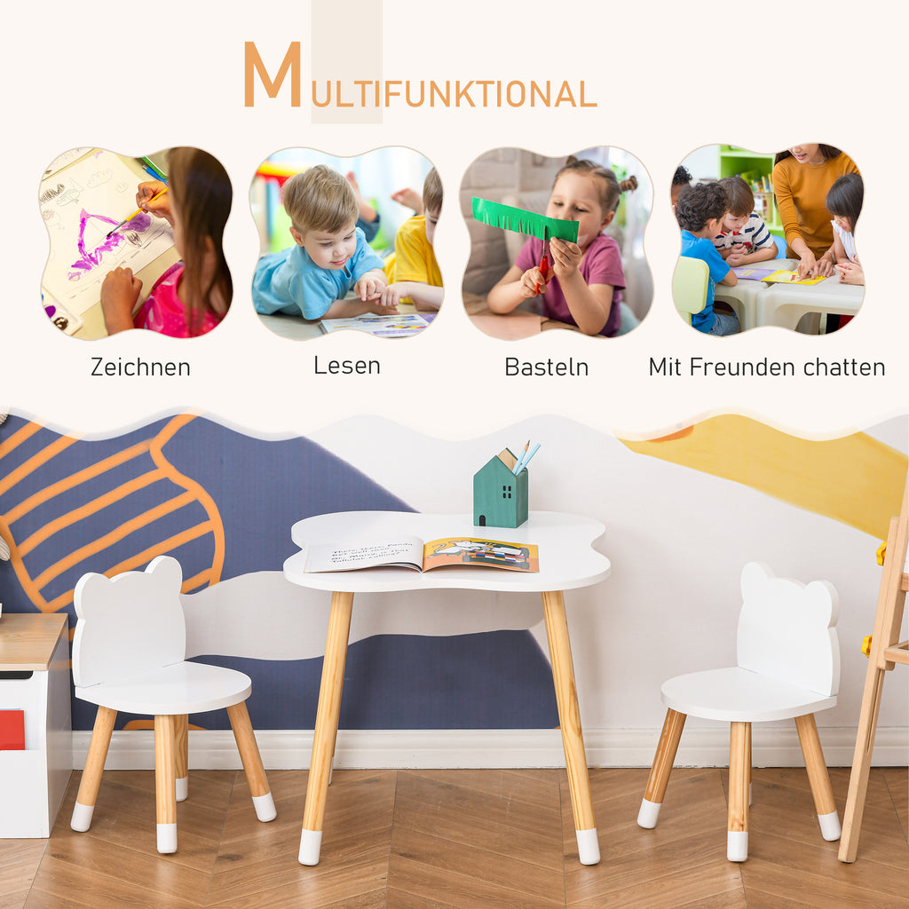 HOMCOM 3-teiliges Kindertisch-Set bogenförmige Kindersitzgruppe Tisch mit 2 Stühlen MDF Tischbeine aus Kiefernholz Weiß+Naturholz 56 x 56 x 50 cm