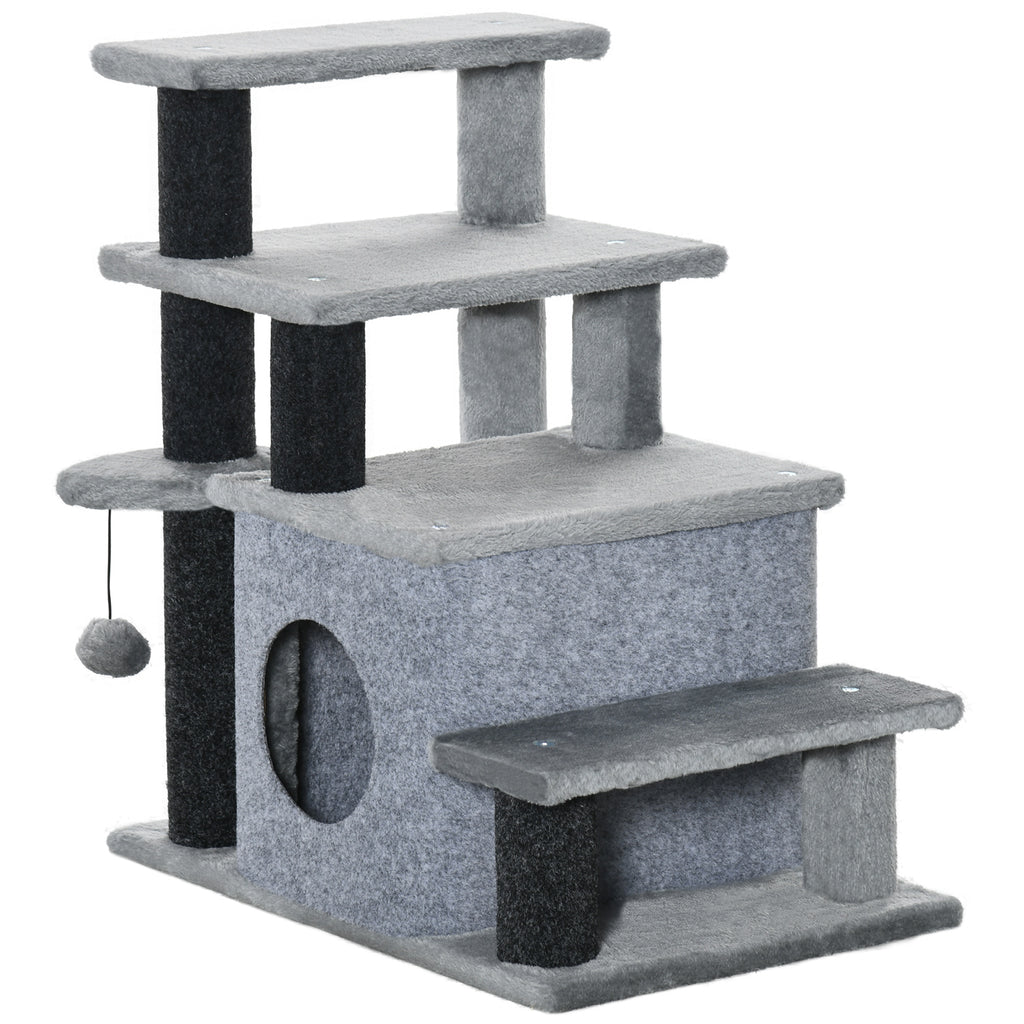 PawHut Kratzbaum, Tiertreppe, 4 Stufen, Spielball, Häuschen, höhenverstellbar, schwarz+grau, 60 x 40 x 66 cm